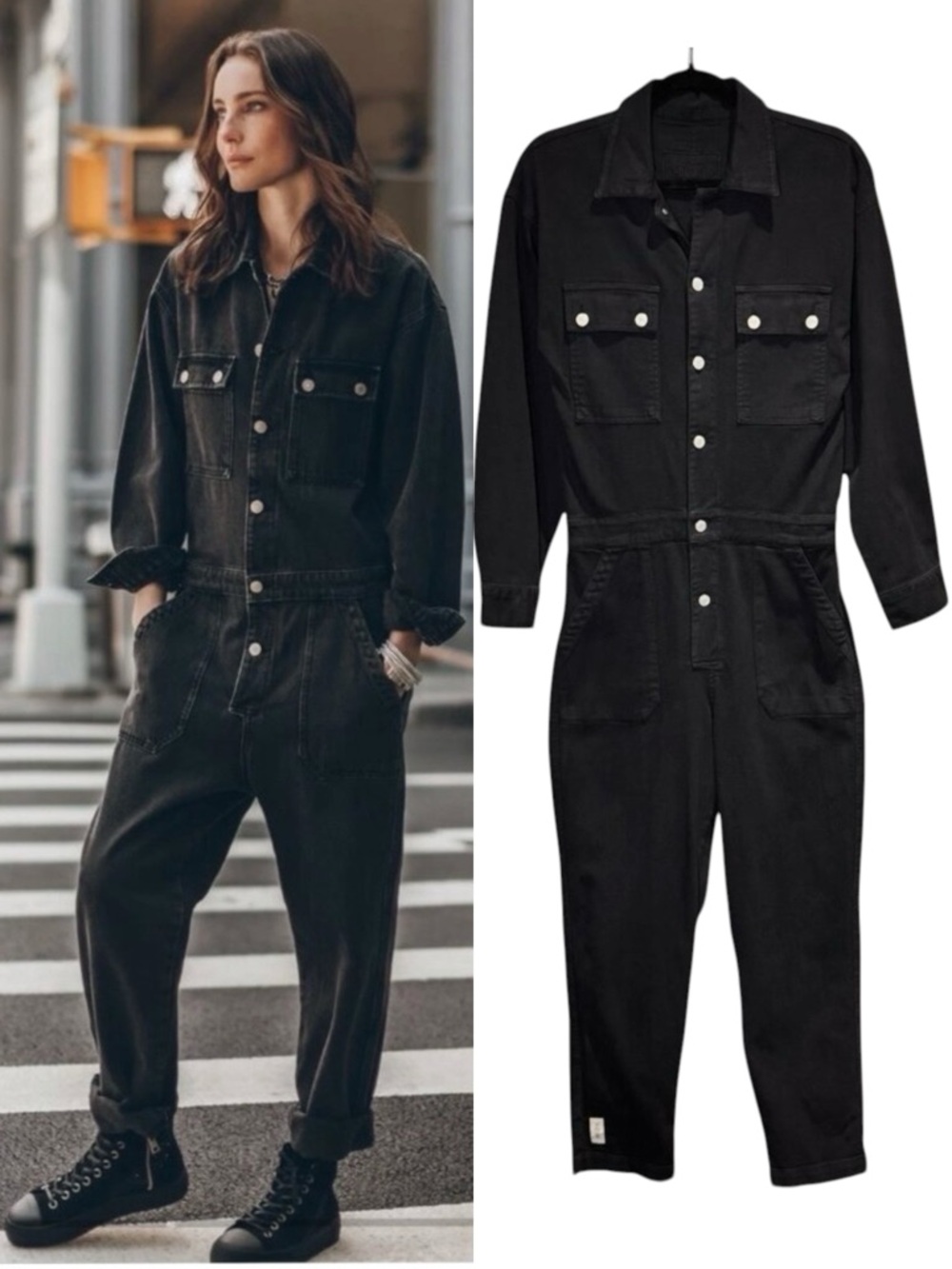 Mikuta Black Denim Jumpsuit Sz M Long Sleeve Relaxed Contemporary Urban